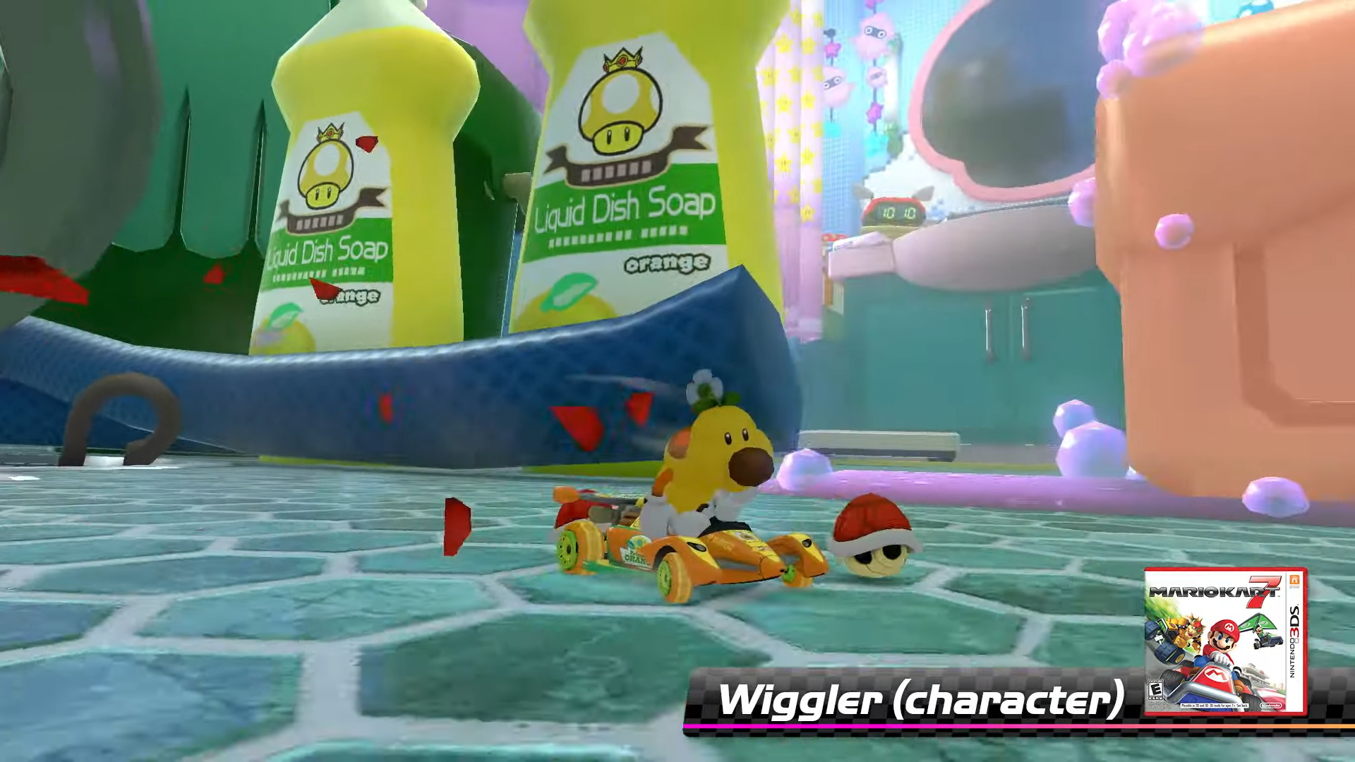 A Wiggler in Mario Kart 8 racing in a formula one car